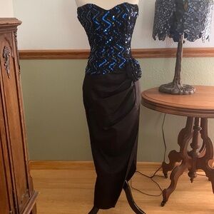 80s Gunne Sax by Jessica McClintock vintage black & blue strapless maxi sz 5/6